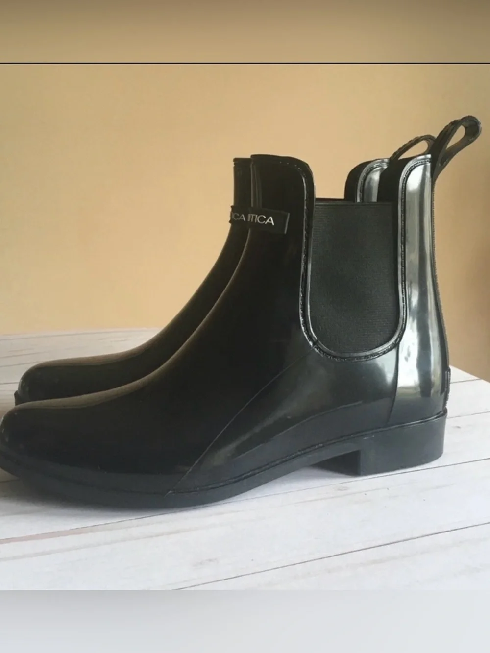Nautica Women's Chelsea Rain Boots. high-shine black rubber